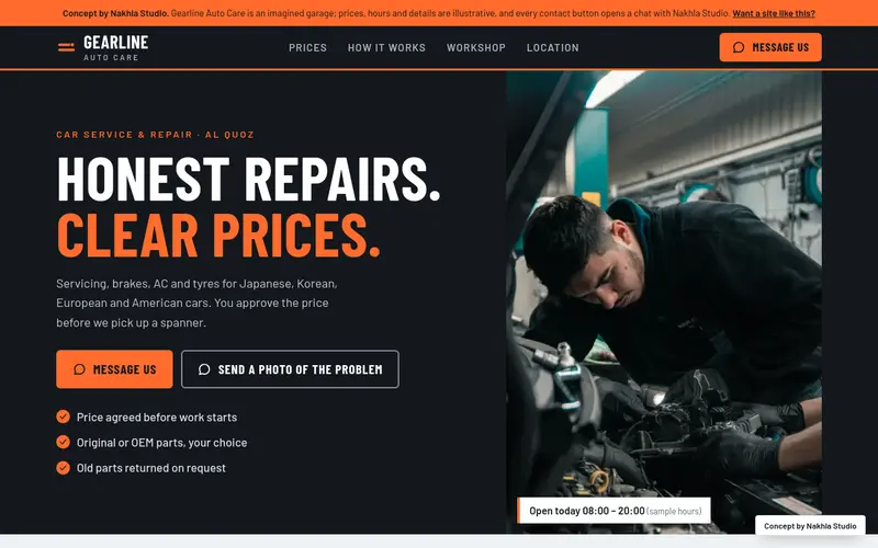 Homepage of the Gearline Auto Care garage concept
