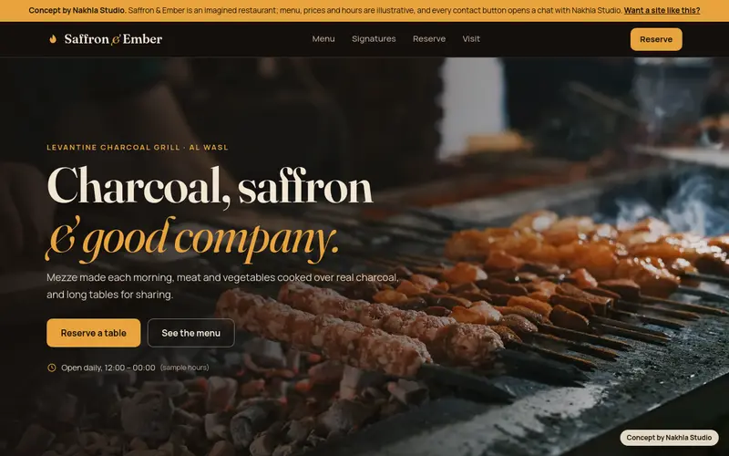 Homepage of the Saffron and Ember restaurant concept