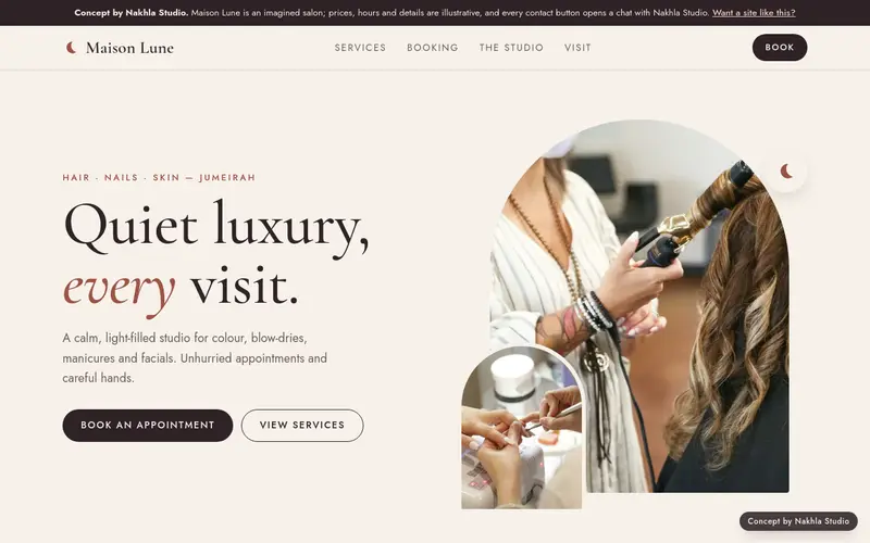 Homepage of the Maison Lune beauty salon concept